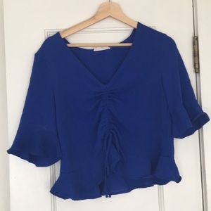 Blue Ruffled Ruche-Front Top